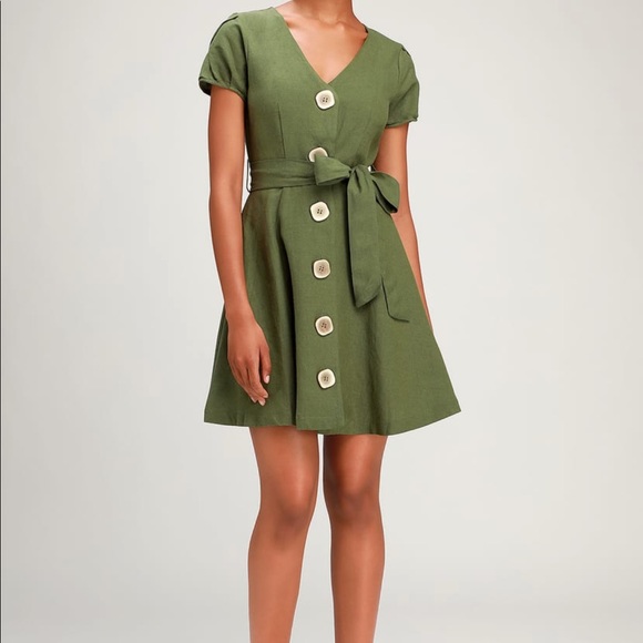 Lulus Olive Green Button-Front Skater Dress Medium - Picture 2 of 9